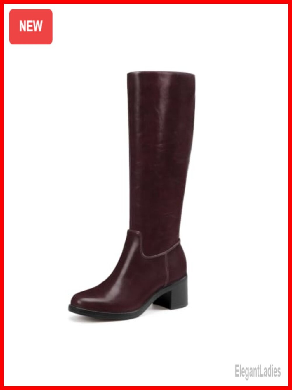 Knee High Boots Women Faux Leather Round Toe Side Zipper Chunky Block Heel